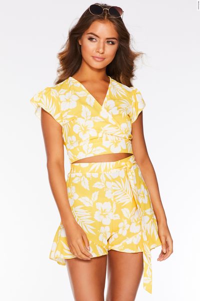 Yellow and White Tropical Print Crop Top
